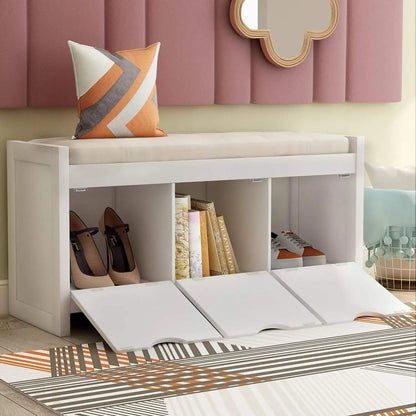 Storage Bench with Removable Cushion and 3 Flip Lock Storage Cubbies