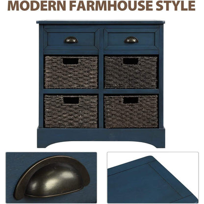 Storage Cabinet with 2 Drawers and 4 Rattan Baskets