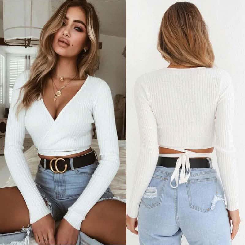 Summer Women Slim Long Sleeve Tee Cross V-neck Sexy Crop Top