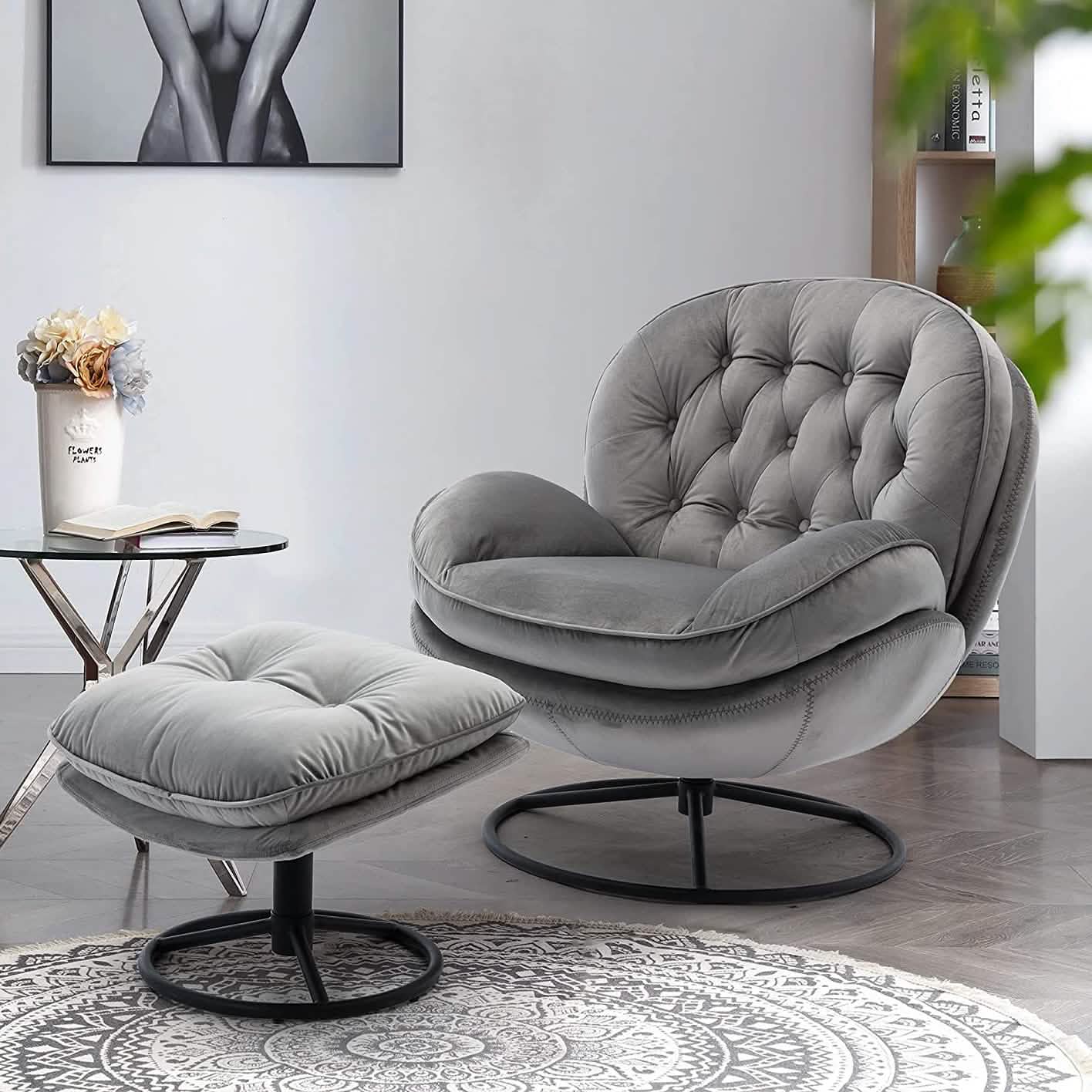 Velvet Swivel Accent Chair with Ottoman Set