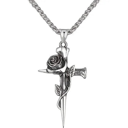 Vintage-Inspired Men's Titanium Steel Pendant Necklace - Unique Keel Chain Design with Cross and Rose Accents