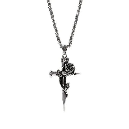 Vintage-Inspired Men's Titanium Steel Pendant Necklace - Unique Keel Chain Design with Cross and Rose Accents