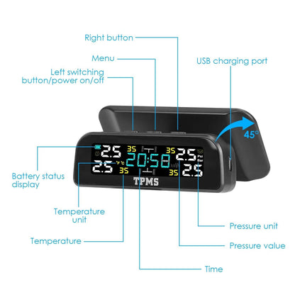 Wireless Solar Car Tire Pressure Monitoring System Auto Tire Pressure with Sensors Temperature Alarm