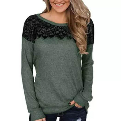 Women Fashion Black Lace Top Long Sleeve Elegant Casual Sweatshirt Blouse
