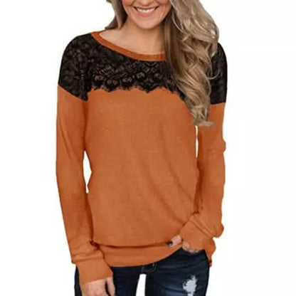 Women Fashion Black Lace Top Long Sleeve Elegant Casual Sweatshirt Blouse
