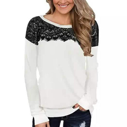 Women Fashion Black Lace Top Long Sleeve Elegant Casual Sweatshirt Blouse