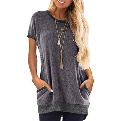 Women's Color Block Short Sleeve Lightweight Knit Sweatshirts with Pockets