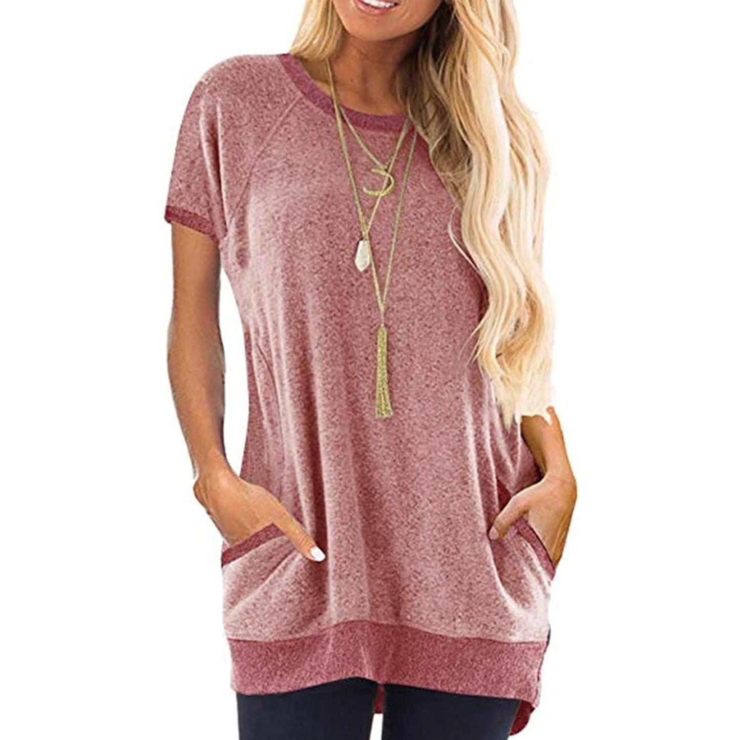 Women's Color Block Short Sleeve Lightweight Knit Sweatshirts with Pockets