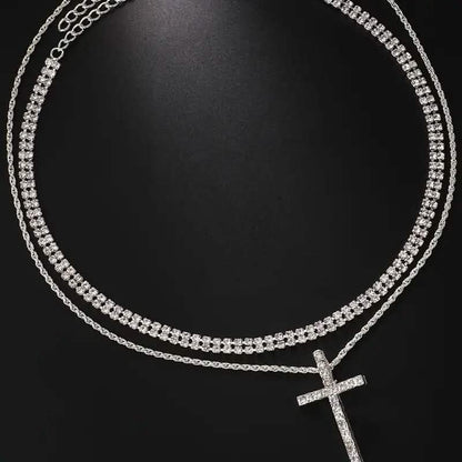 Women's Double Layer Artificial Crystal Cross Pendant Necklace