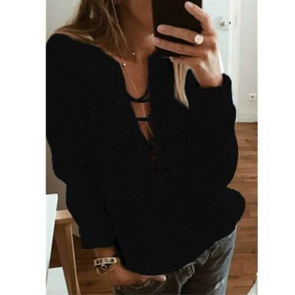 Women's Fashion Lace Up Deep V-neck Casual Long Sleeves