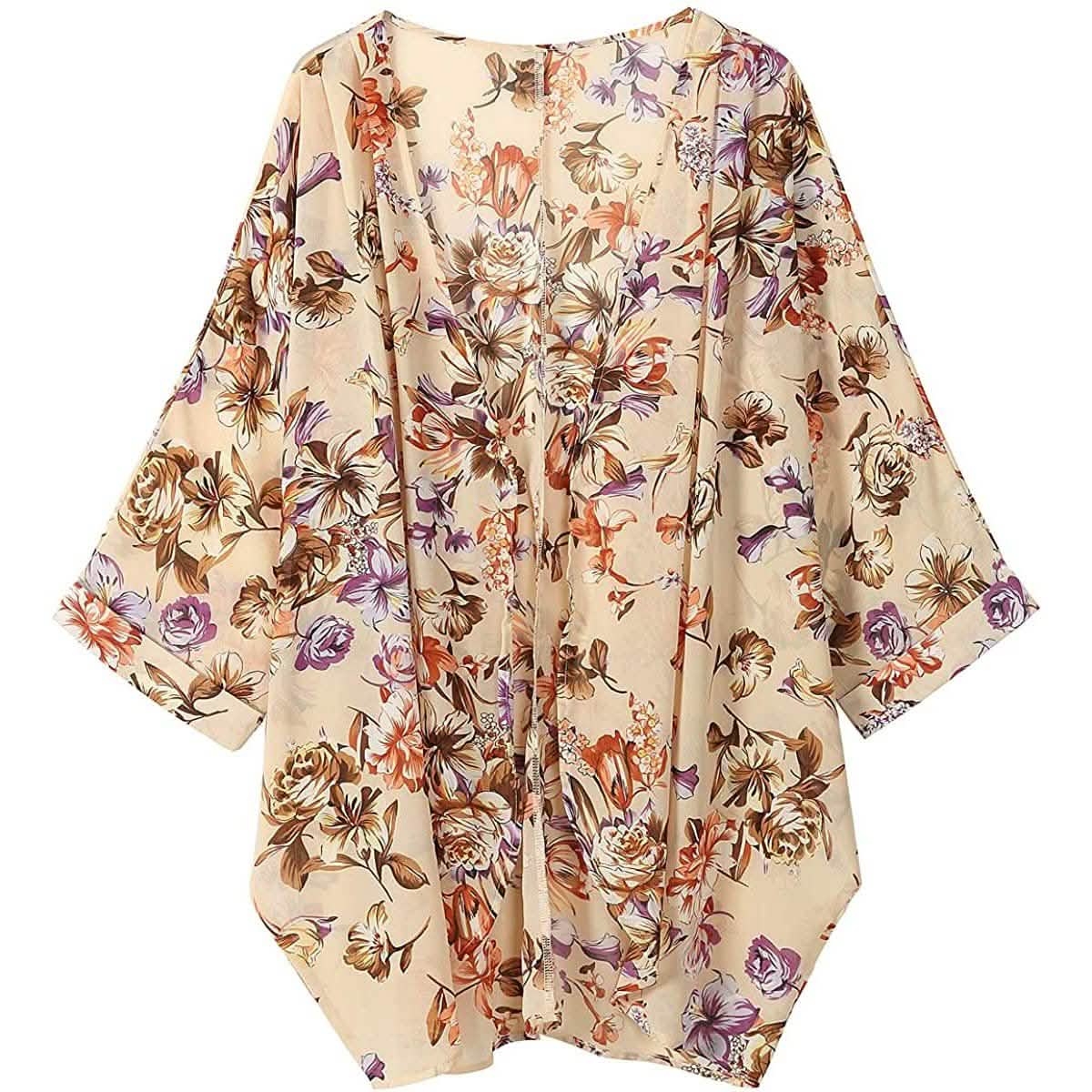 Women's Floral Print Sheer Chiffon Loose Kimono Cardigan Capes