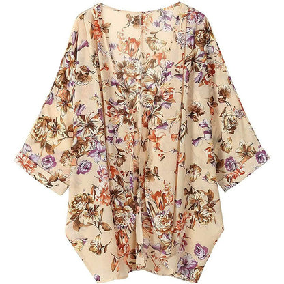 Women's Floral Print Sheer Chiffon Loose Kimono Cardigan Capes