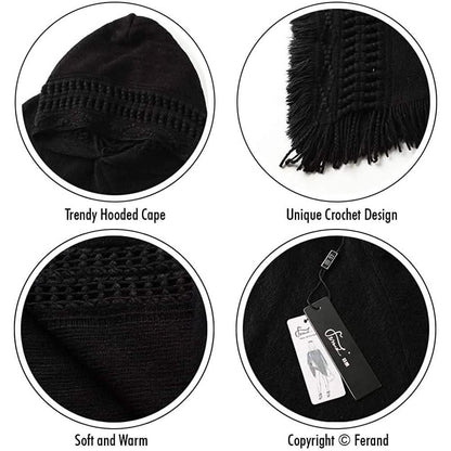 Womens Hooded Cape with Fringed Hem, Crochet Poncho Knitting Patterns