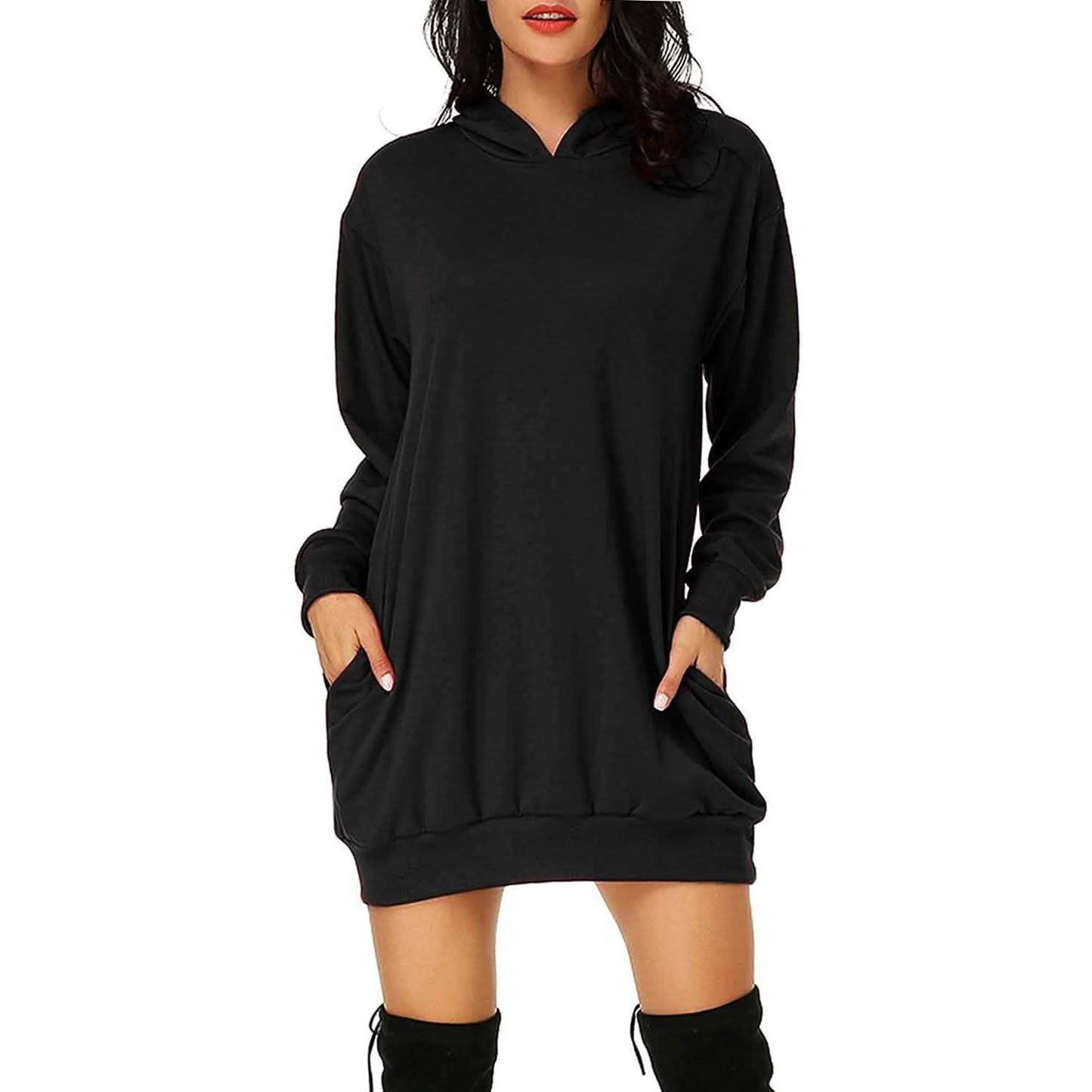Women's Long Sleeve Hooded Pockets Pullover Hoodie Dress Tunic Sweatshirt