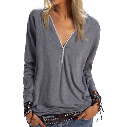 Women's Long Sleeve Zipper Quarter Zip V Neck Casual Top