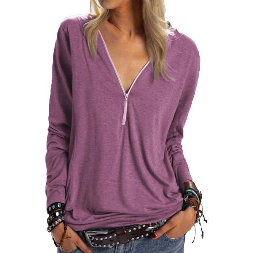 Women's Long Sleeve Zipper Quarter Zip V Neck Casual Top