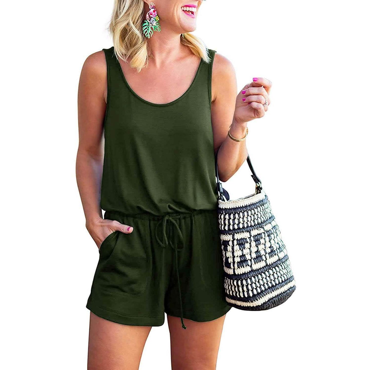 Women's Summer Tank Jumpsuit Casual Loose Sleeveless Beam Foot Elasitic Waist Jumpsuit Romper with Pockets