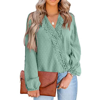 Women's V Neck Chiffon Lace Pom Pom Long Sleeve Top