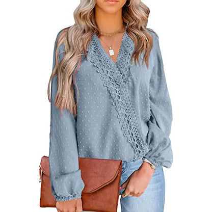 Women's V Neck Chiffon Lace Pom Pom Long Sleeve Top