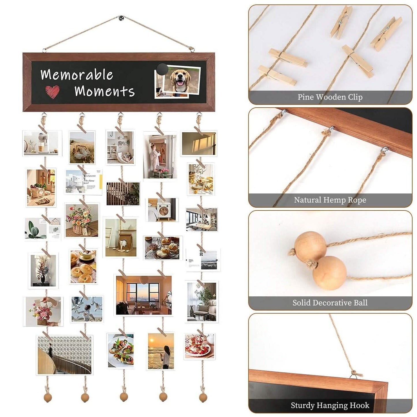 Wooden Hanging Picture Frame Display String Ropes with 30 Clips Writable Blackboard